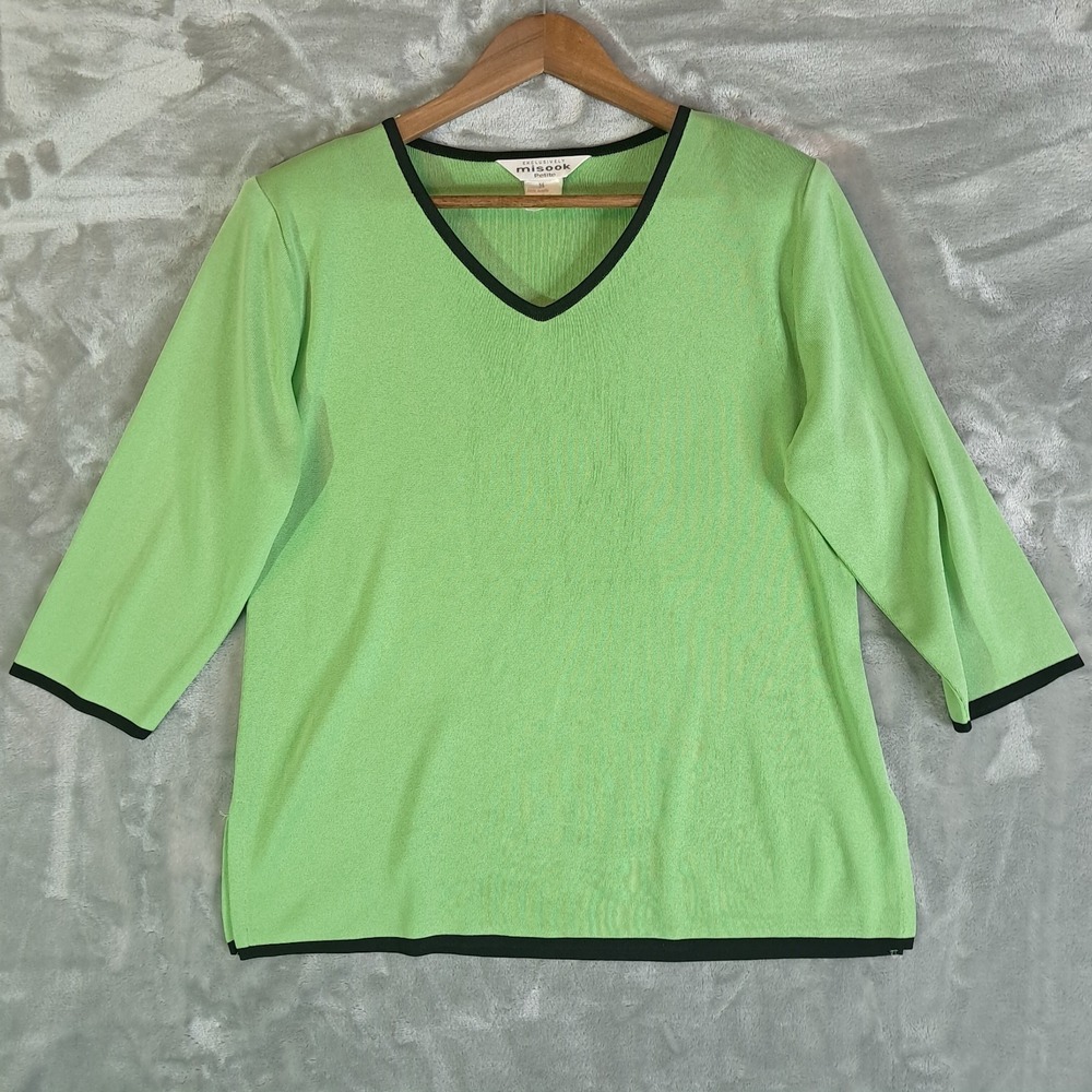 Exclusively Misook 3/4 Sleeve Knit Tunic Top Womens Size M Lime Green Black Trim